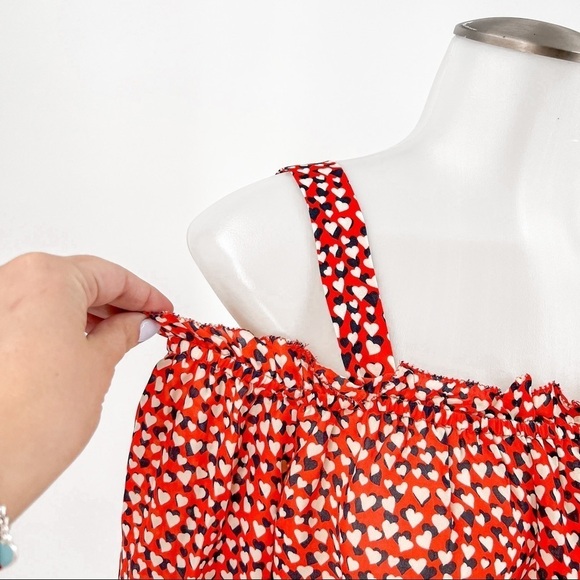 J Crew Red Off Shoulder Bell Sleeve Heart Print Silk Blouse - Picture 3 of 8
